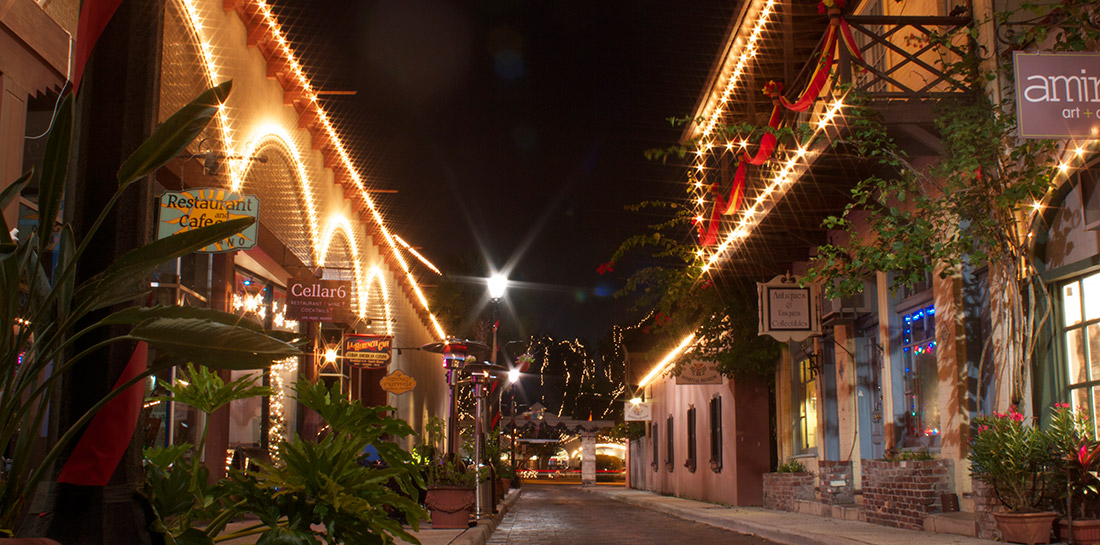 Aviles Street in Historic Downtown dressed in holiday decor for St. Augustine's Nights of Lights holiday display.