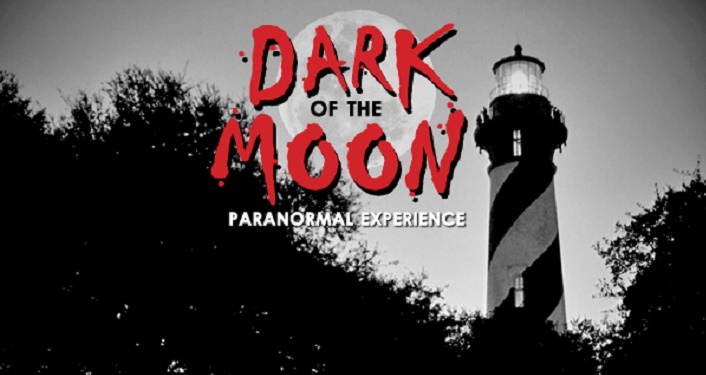 Black and white image of lighthouse tower with text in red, Dark of the Moon Tour