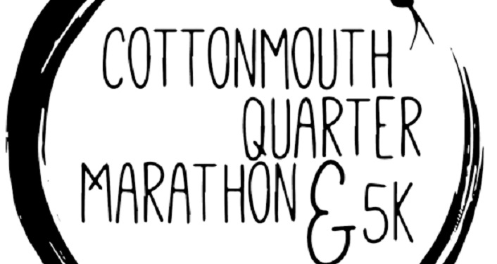Logo depicting cottonmouth snake in a circle; inside of circle is text: Cottommouth Quarter Marathon & 5K