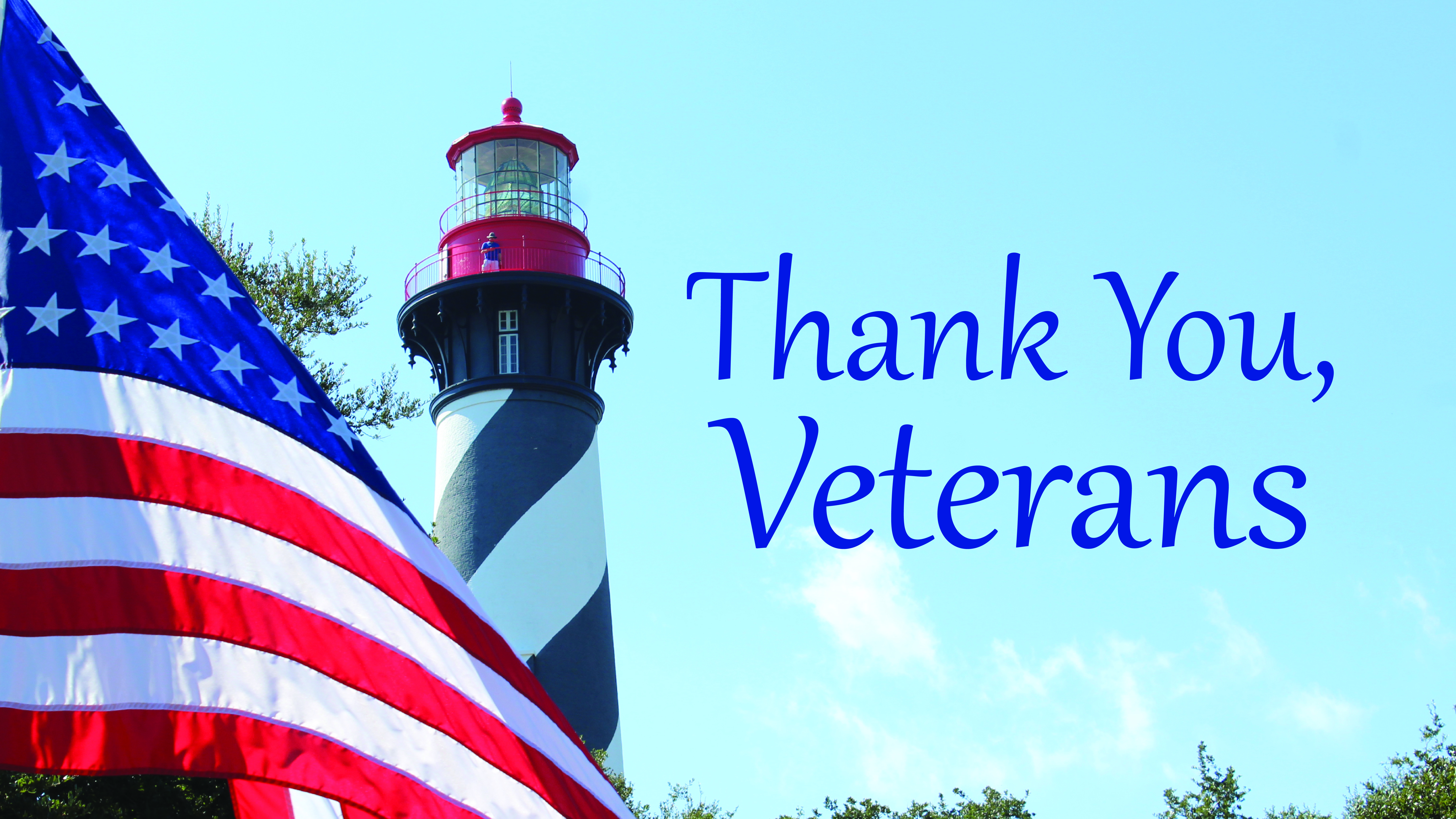 Image of a lighthouse against a clear blue sky. To the left of the lighthouse is an American flag. To the right is text which reads, 