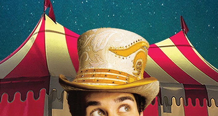 caricature of big tent circus in background with ringmaster in forefront, Venardos Circus