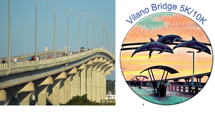 image of Vilano Bridge on left; on right cartoon imge of dolphin with text above Vilano Bridge 5K & 10K