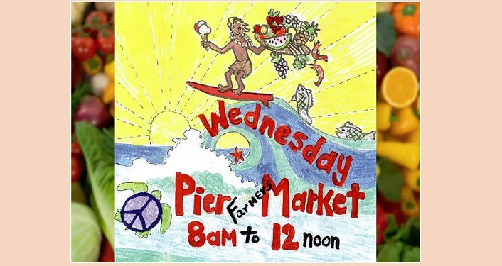 caricature image of man riding a wave carrying fruits and veggies; Wednesday Pier Farmers Market 8am to 12 noon