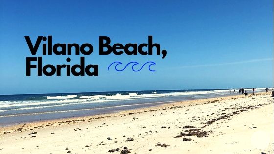 Image is of the beach, including sand, water, seaweed, and people. Image has text over it reading "Vilano Beach, Florida".
