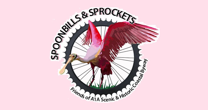 Image of a spoonbill imposed over a bike wheel; Spoonbills & Sprockets Cycling Tour