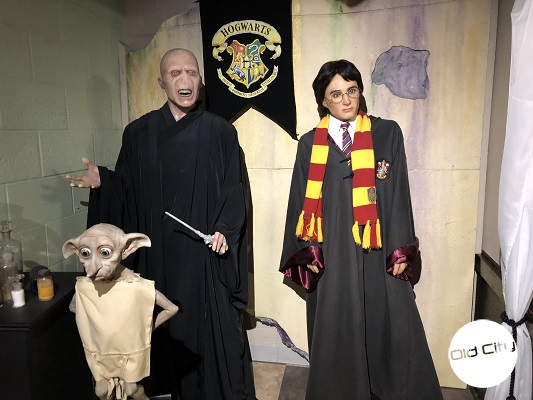 Image contains life-size wax replicas of Harry Potter characters.