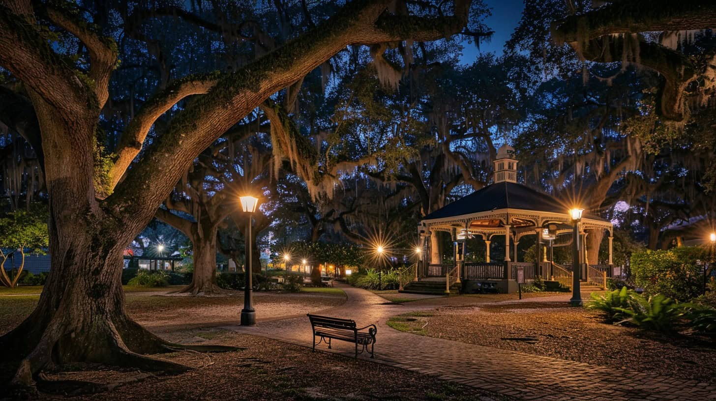 Colonial Oak Music Park at night.