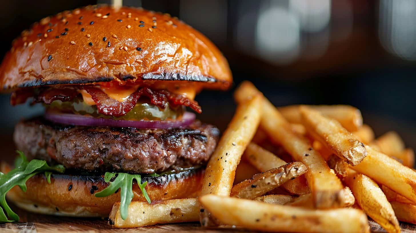 Closeup of a burger and fries from a gastropub.