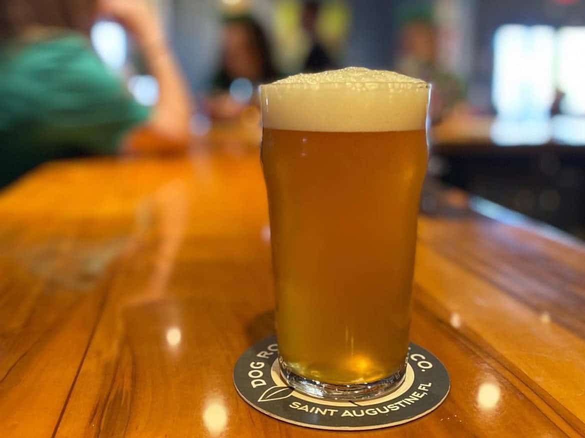 Closeup of a beer on a countertop with patrons in the background.