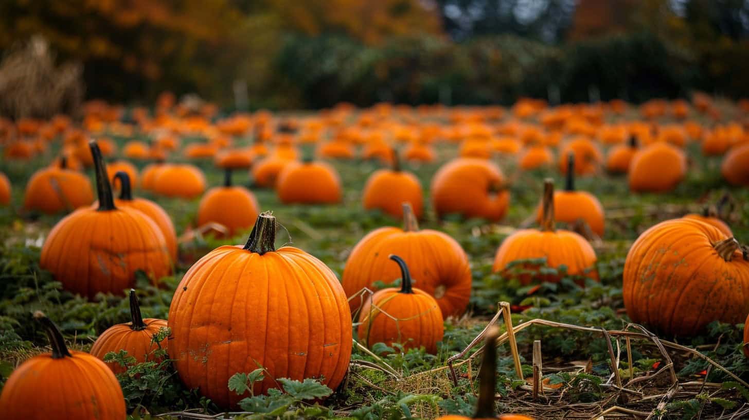 Field of orange pumpkins in the Fall.