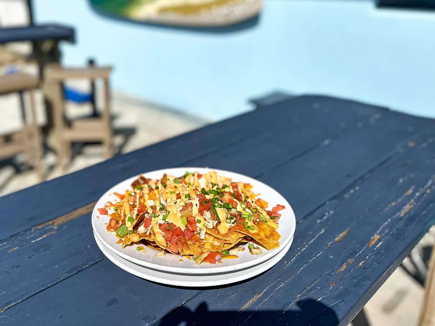 Colorful taco salad on a patio table at Beachcomber Restaurant in St. Augustine.