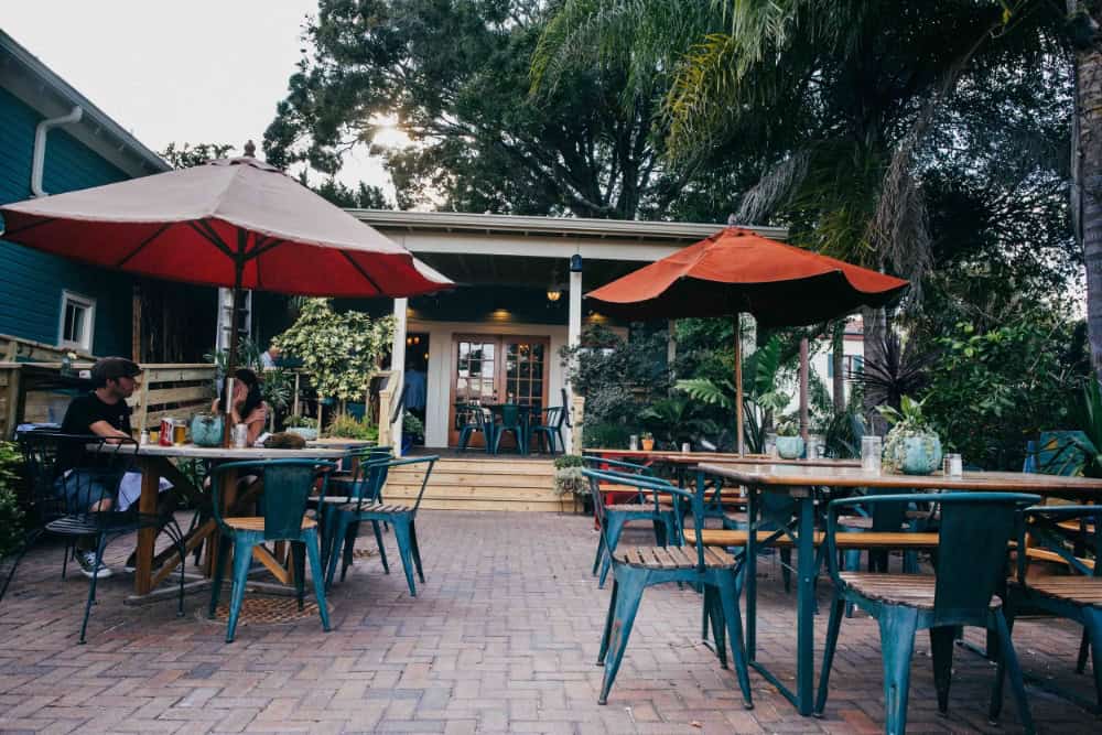 Outdoor patio seating at the Floridian restaurant in St. Augustine.