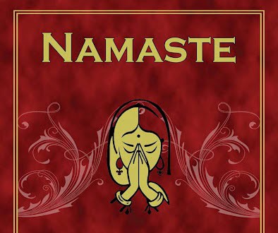 Menu cover for Namaste Indian Tandoori Food in St. Augustine, featuring a red background, praying hands symbol, and decorative floral accents.