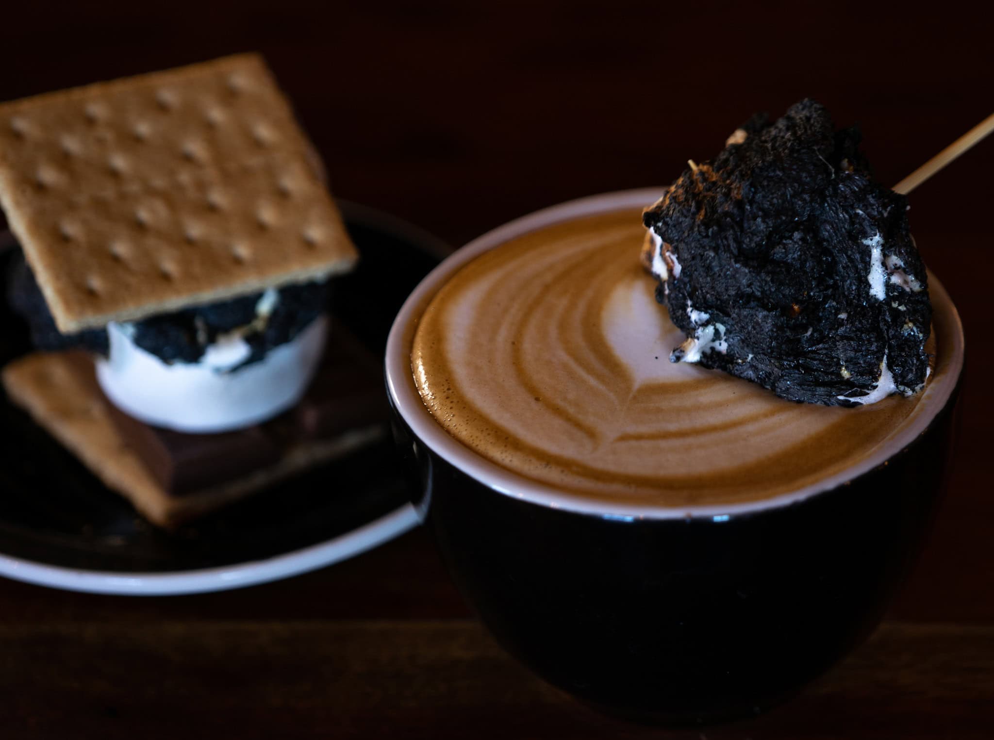 Lattes with smores and cooked marshmallows.