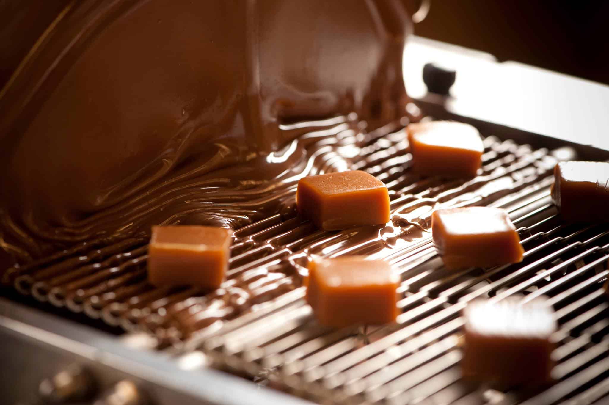 Chocolate and caramel fudges being made.