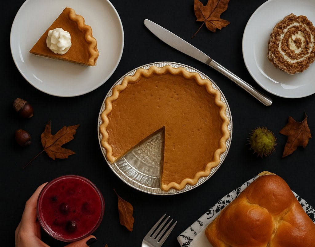 Top-down view of a thanksgiving meal against a dark autumn backdrop. Center image is a pumpkin pie, surrounded by other pastries, cutlery, and a glass of cranberry juice.