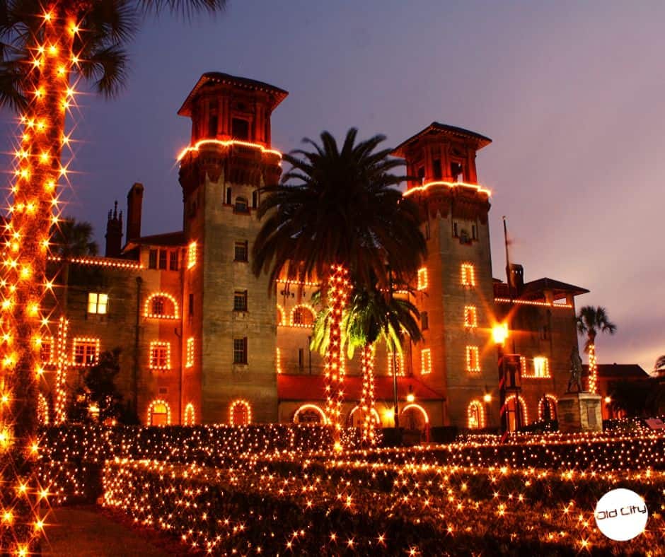 Flagler college aglow in orange lights at sunset