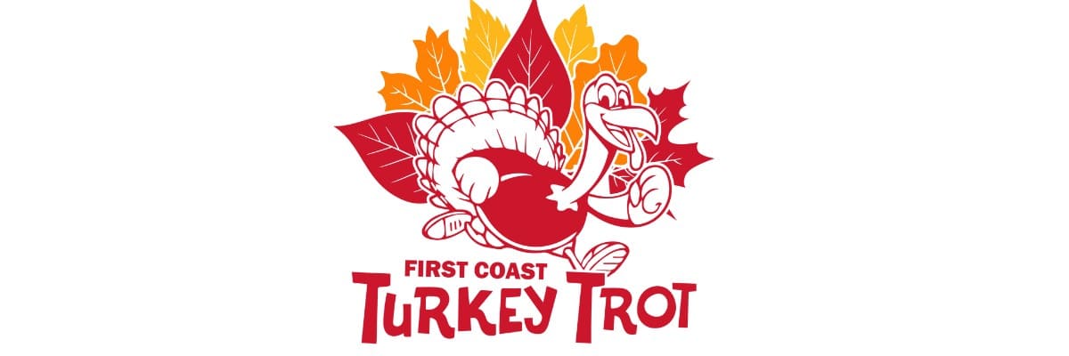 Red, yellow, and orange graphic of a happy cartoon turkey jogging.