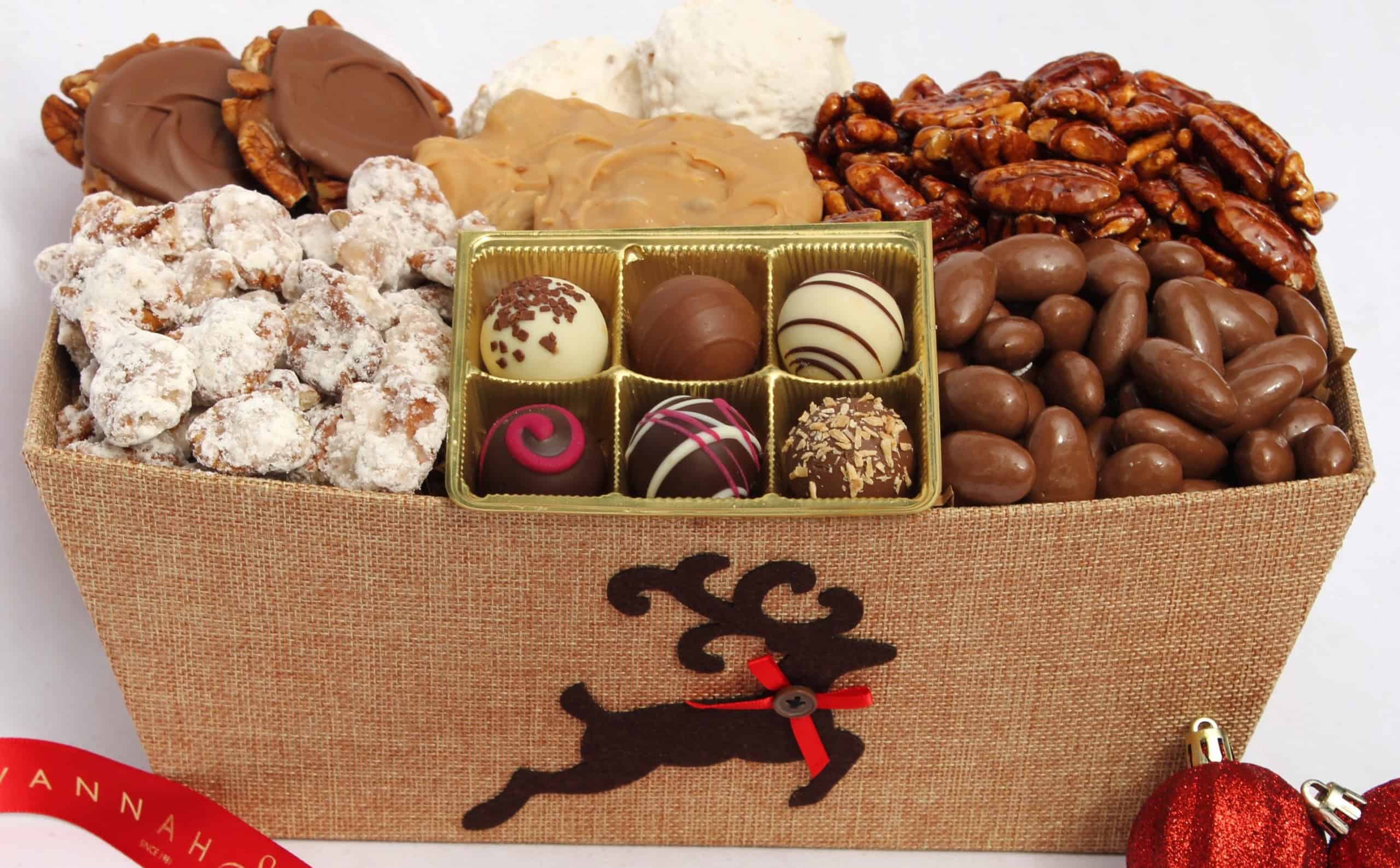 Image of a basket of assorted gourmet chocolate.